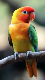 Colorful parrot perched on branch in soft natural light.