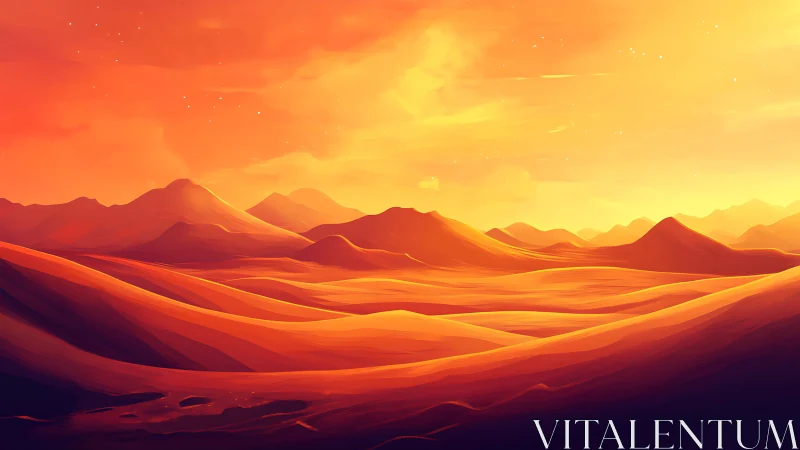 Sunglow dunes roll toward ember peaks where daylight lingers