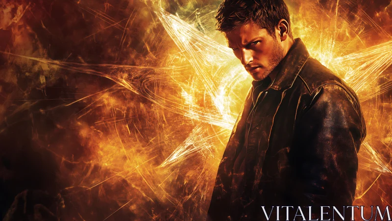 Brooding hero framed by fiery golden light and mystery.