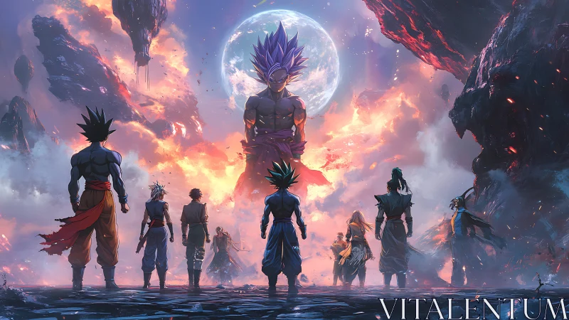 Celestial confrontation with colossal aura-lit warrior under fractured sky