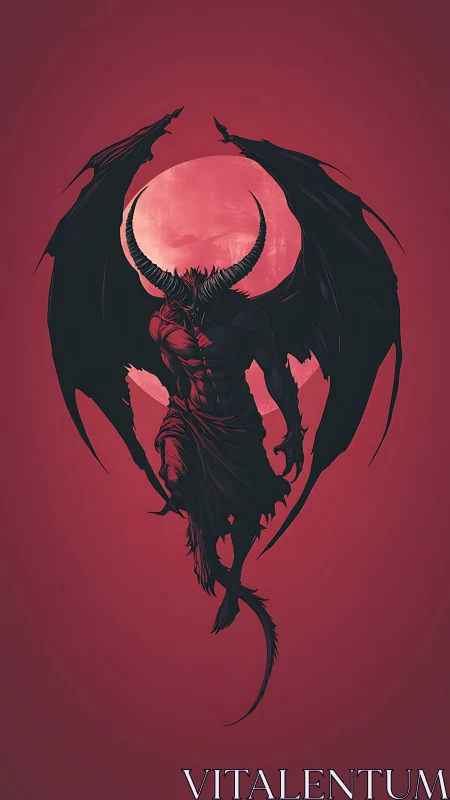 Winged horned demon silhouette against blood-red moon.