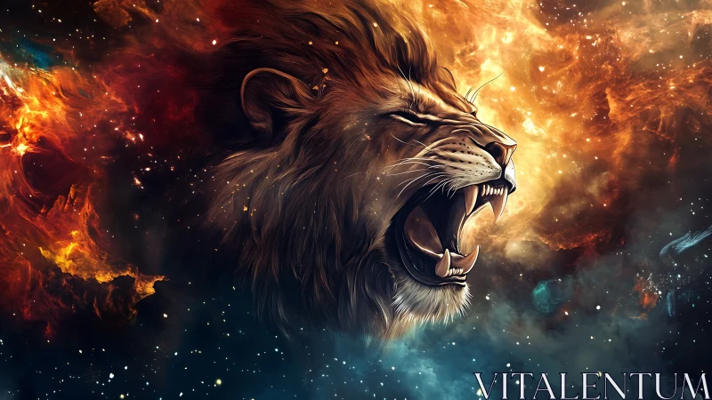 Lion head roars amid nebula clouds and star-filled space
