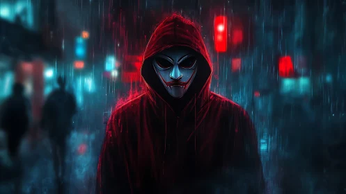 Masked figure in red hood walking through neon city rain.