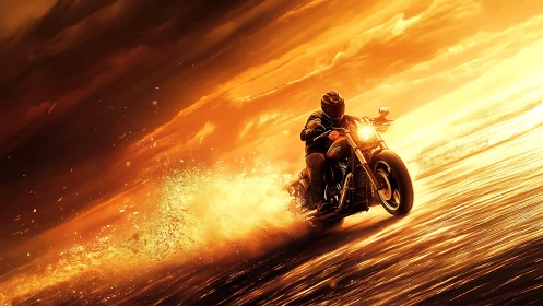 Sunset throttle rider carving molten waves of firelight.