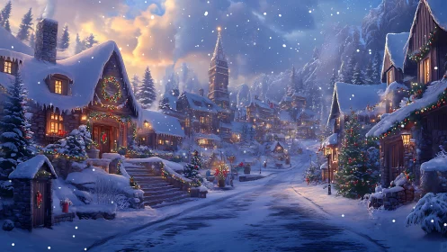 Snowy holiday village street glows with cozy festive lights