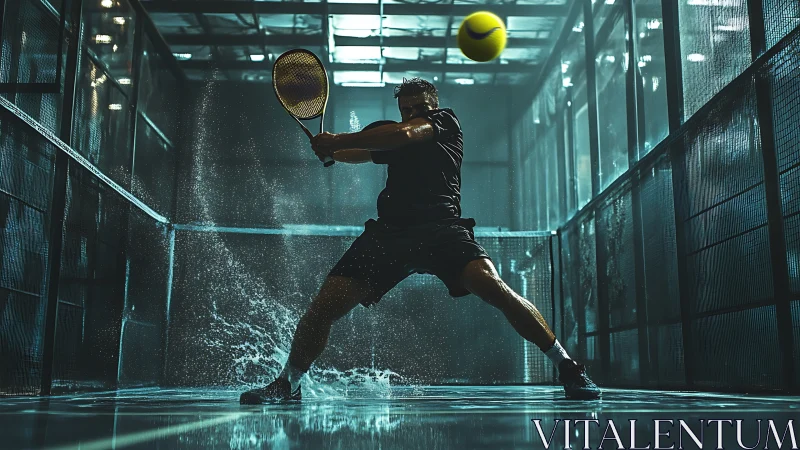 Indoor padel player hits dynamic backhand amid water spray