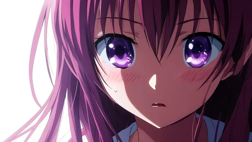 Shy anime girl with shining violet eyes and soft blush.