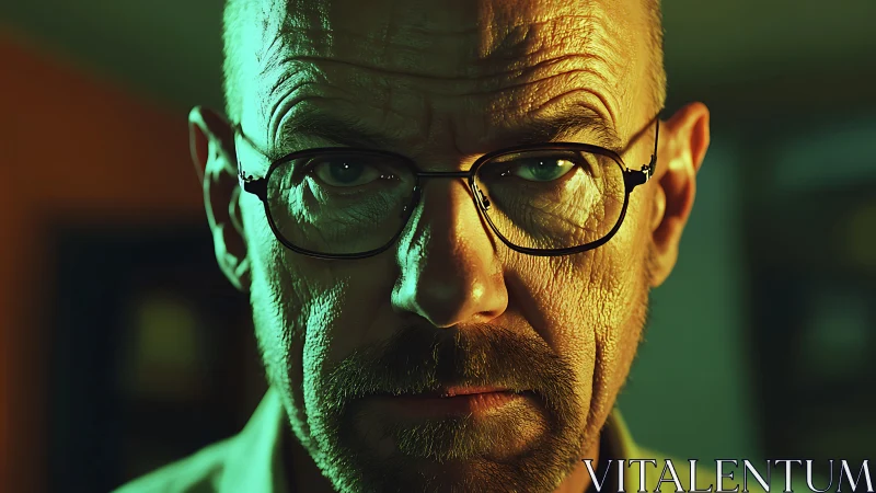 Intense green-lit portrait of a thoughtful, serious man.