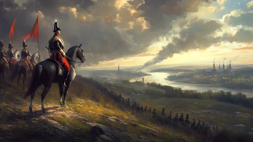 Cavalry officer observing distant city across riverfront.