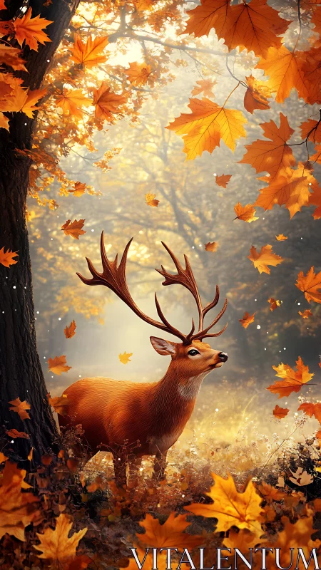 Gentle stag wandering through a golden autumn forest.
