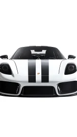 White sports car front view shows bold racing stripe design