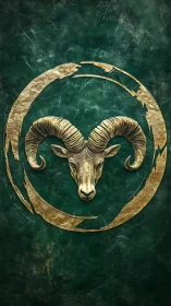 Radiant golden ram crest against deep emerald stone backdrop.
