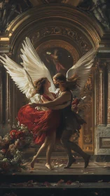 Angelic lovers embrace in a baroque hall filled with golden light