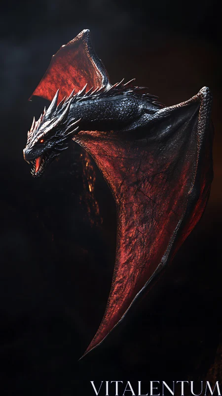 Black dragon with red wings in dark fantasy scene.