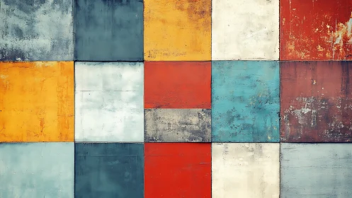 Weathered geometric color blocks form balanced abstract grid