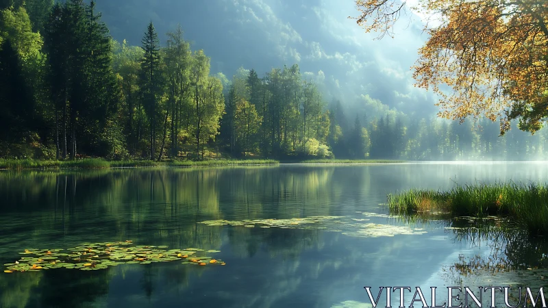 Mist-kissed forest lake cradling quiet lily kingdoms.