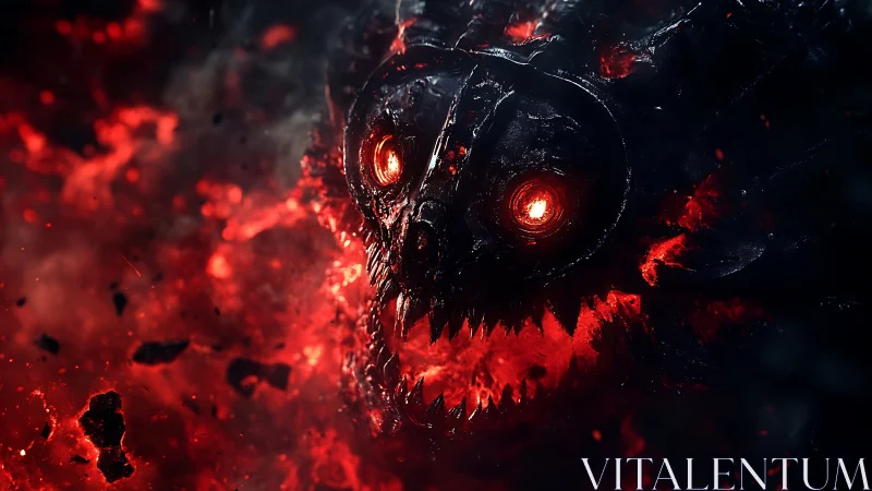Demonic skull erupts from molten darkness with burning eyes