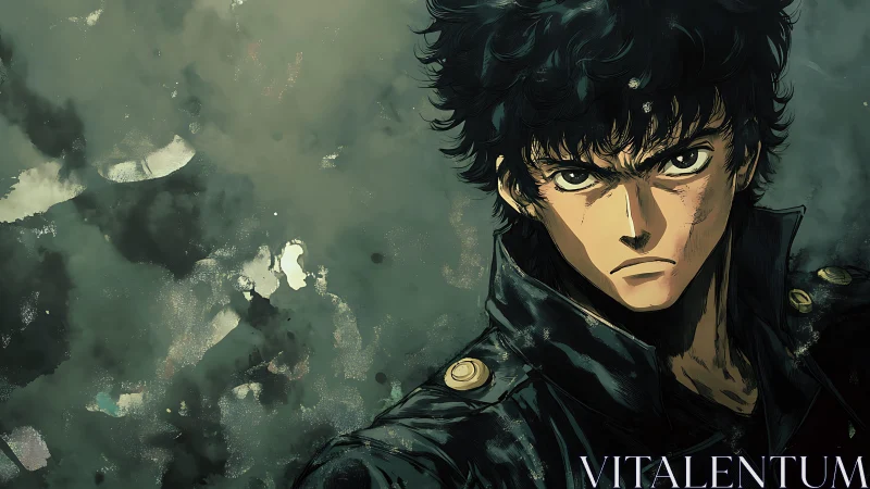 Angular anime portrait with grungy chroma-smeared background.