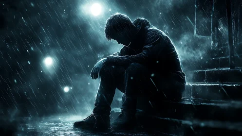 Solitary figure in rain on city steps at night, contemplative.