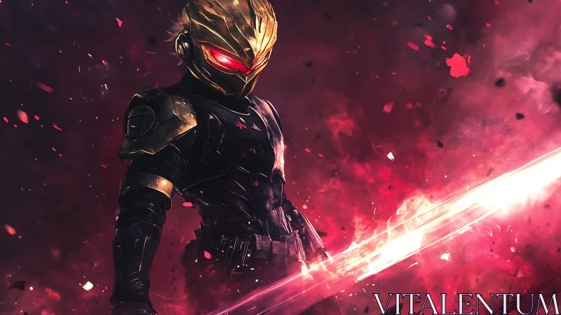 Armored figure holds glowing energy blade in red fog field