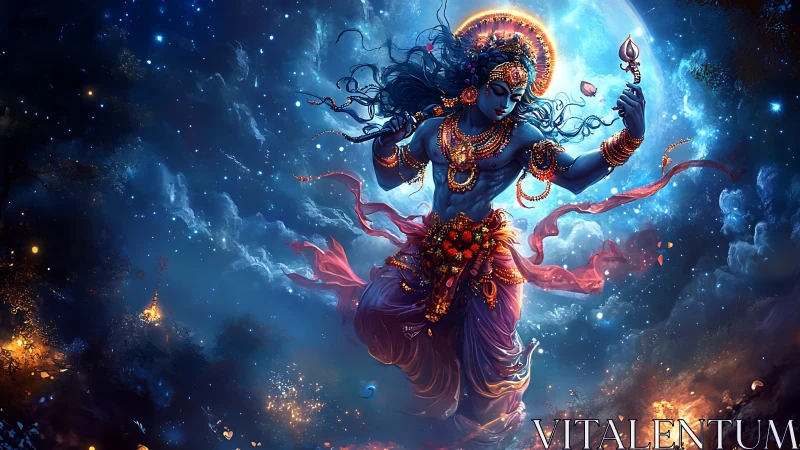 Divine blue-skinned deity figure in dynamic celestial dance.