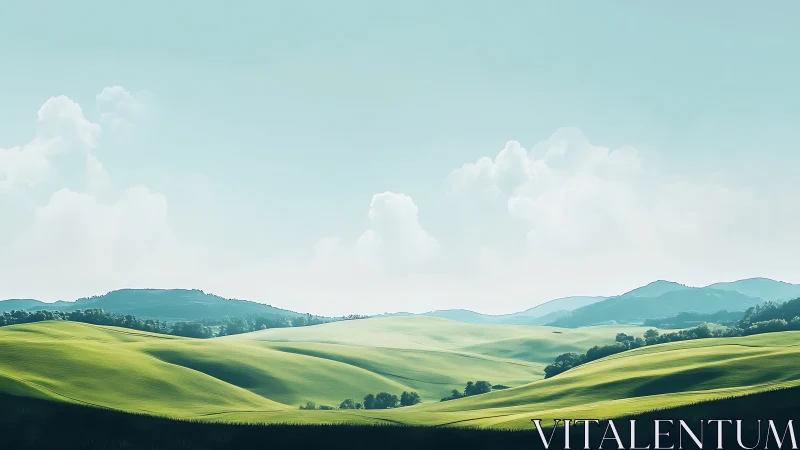 Softly rendered rolling hills under diffuse daylight with aerial haze