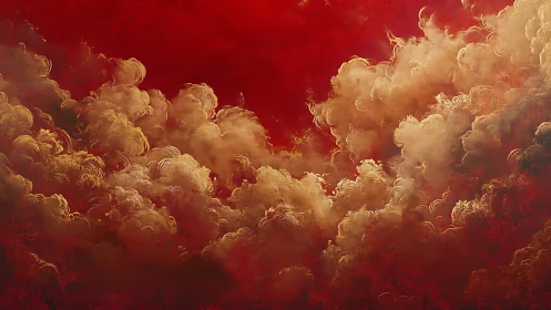 Golden storm clouds billow across deep crimson sky