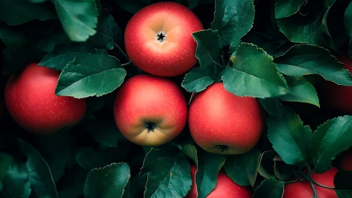 Red apples hang in dense clusters among dark green leaves