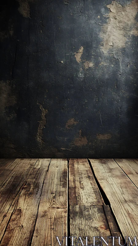 Aged wooden floor meets worn concrete backdrop in contrast.