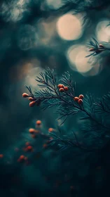 Teal fir needles cradle vivid orange berries in bokeh glow.