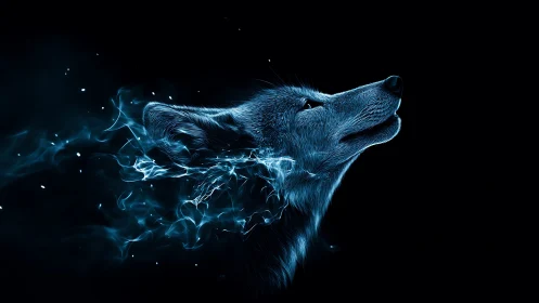 Luminous spirit wolf dissolves into streaming neon embers
