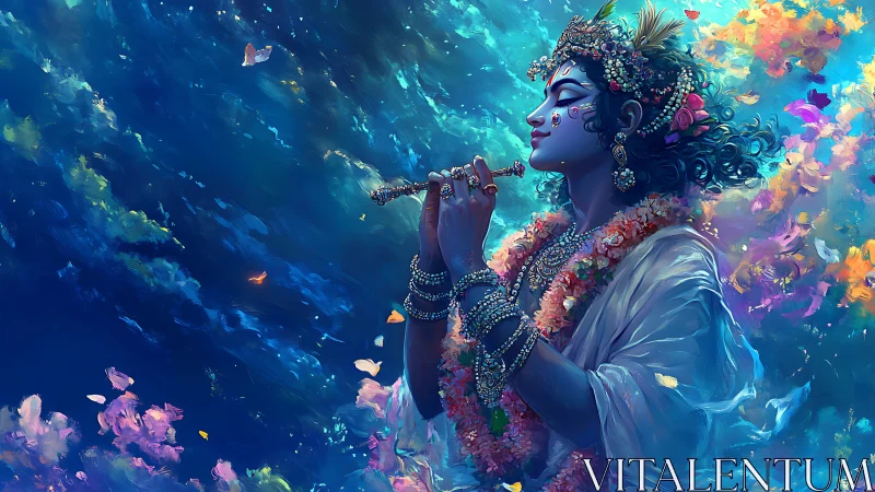 Digital painting of divine flutist amid luminous floral currents.