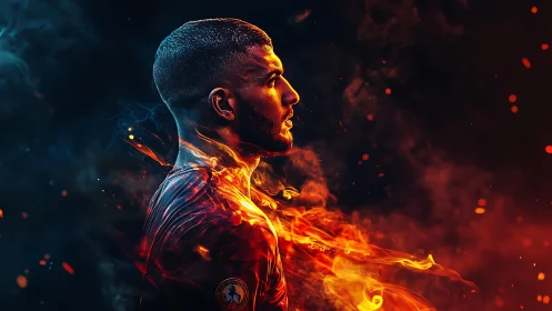 Fiery soccer hero standing strong in glowing energy.