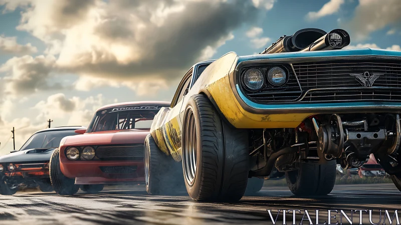 Supercharged muscle cars lined up on drag strip start line.