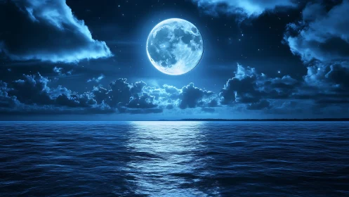 Full moon illuminates calm ocean surface under scattered clouds