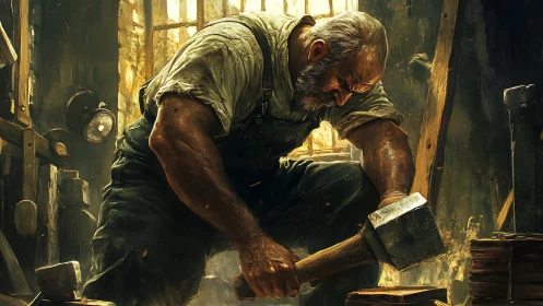 Older craftsman using large hammer in dim workshop interior.