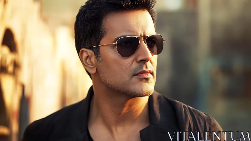 Man wearing sunglasses looks sideways in warm sunlight