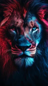 Neon twilight lion poised between fire and frost.