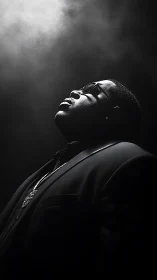 Low key monochrome portrait with volumetric overhead backlight.