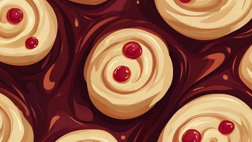 Swirled pastry-like circles with red dots repeat over brown