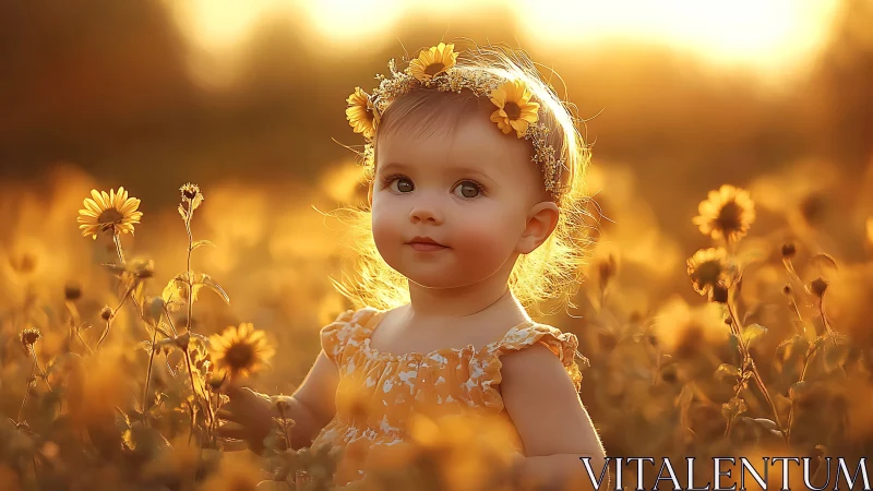 Radiant toddler positioned centrally in warm golden sunflower field during golden hour