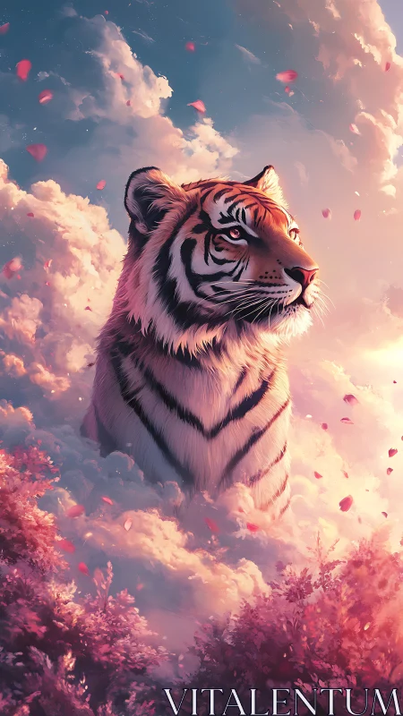 Majestic tiger head rises through glowing clouds at sunset