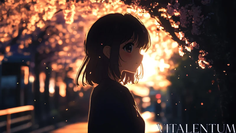 Backlit anime girl under glowing cherry blossoms at dusk