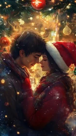 Couple standing under decorated tree in winter city at night.