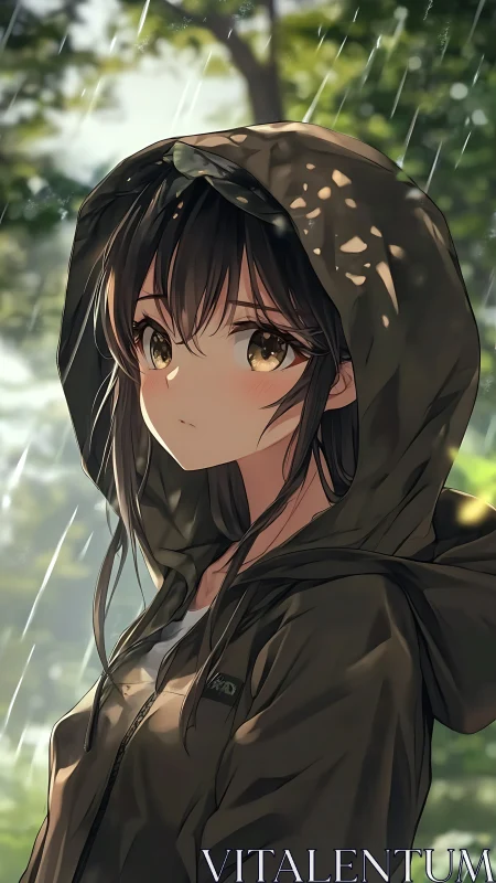 Hooded anime girl standing outdoors in forest rain.
