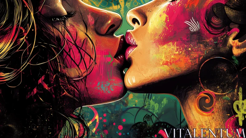 Bold, colorful kiss capturing electric connection in paint.