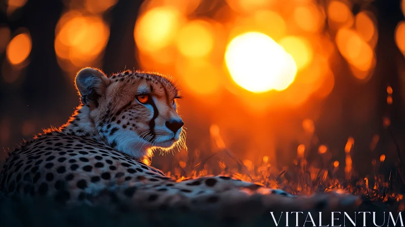 Cheetah in ember sunset glow, dramatic backlit portrait.