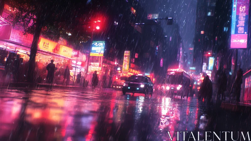 Rainy neon city street glowing with cozy nighttime color.