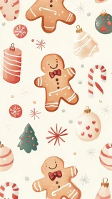 Gingerbread cookies and ornaments form repeating holiday pattern.