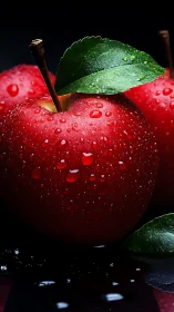 Red apple macro glistens with water droplets on black